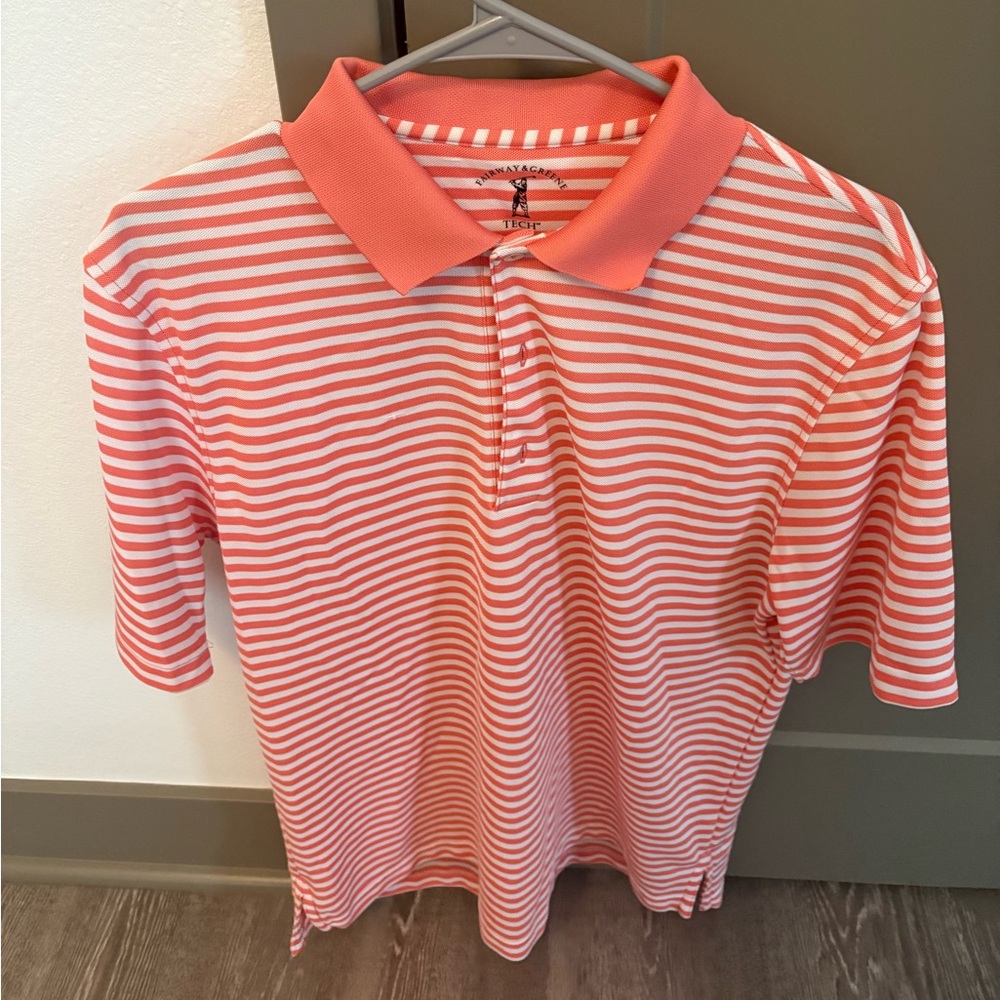 Fairway & Greene Coral and White Striped Polo